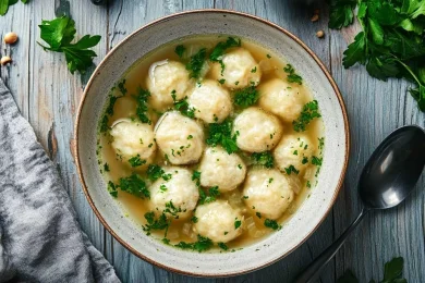 Fluffy Matzo Ball Soup with Egg Drops