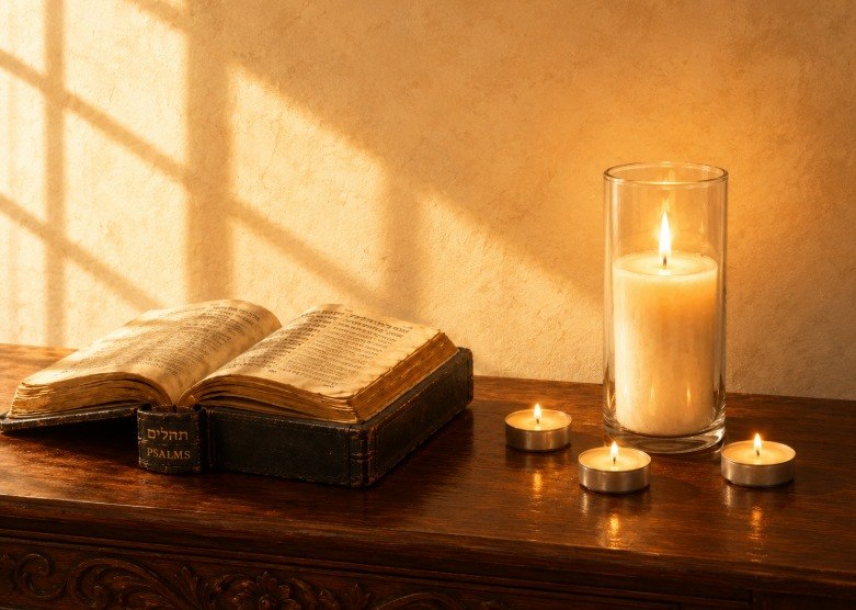 Open Tehillim and yahrtzeit candles on a memorial table