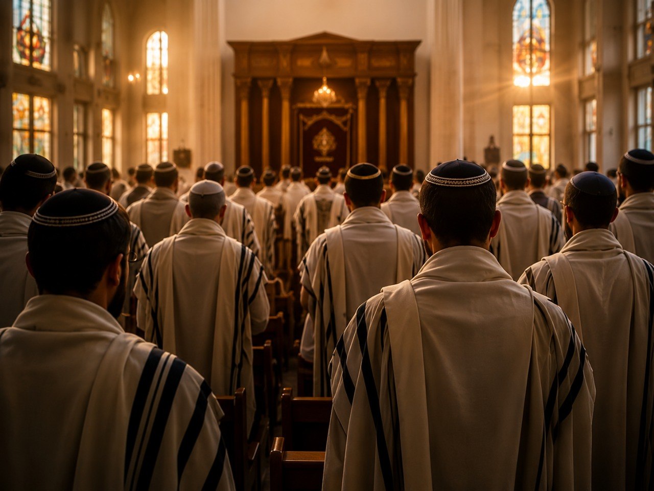 Jewish men praying Selichot on the morning of the 17th of Tammuz fast