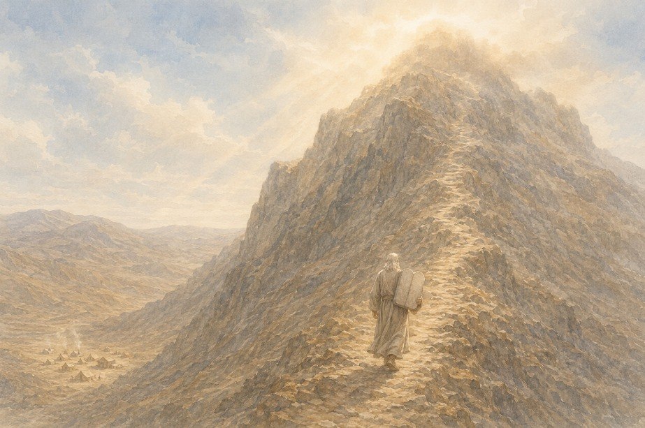 Moses ascending Mount Sinai for the third time on Rosh Chodesh Elul