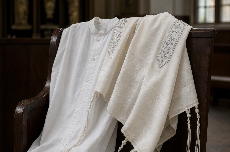 White kittel and tallit worn on Yom Kippur