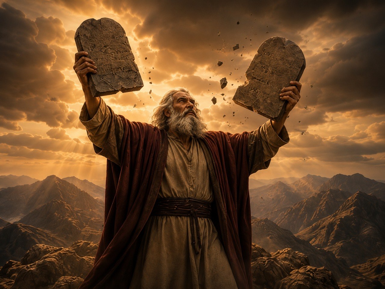 Moses breaking the Tablets at Mount Sinai after seeing the Golden Calf