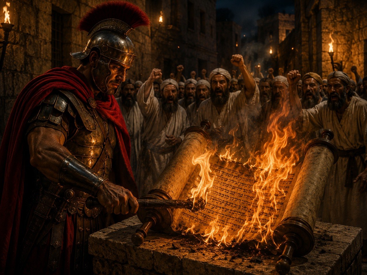 Roman soldier Apostomus burning a Torah scroll in Jerusalem 