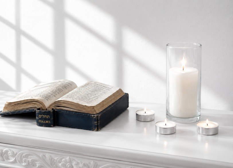 Open Tehillim and yahrtzeit candles on a memorial table