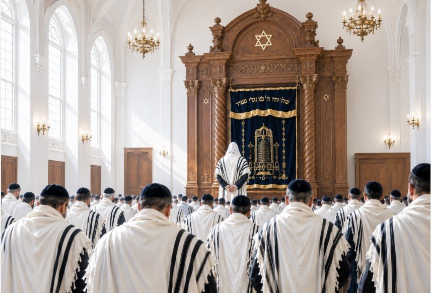 Jewish congregation praying Shacharit in a synagogue