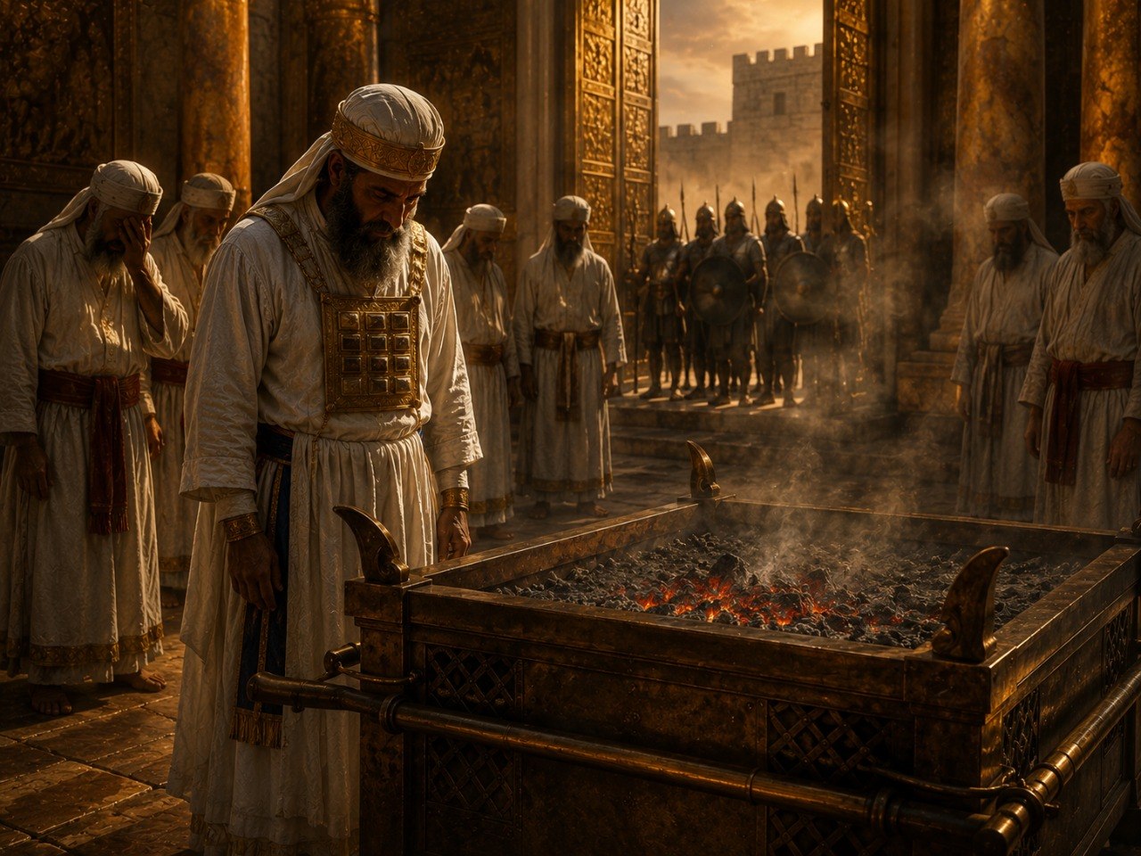 Jewish High Priest mourning the cessation of the daily Tamid offering as Babylonian soldiers advance on the Temple 