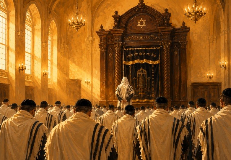 Jewish congregation praying Shacharit in a synagogue