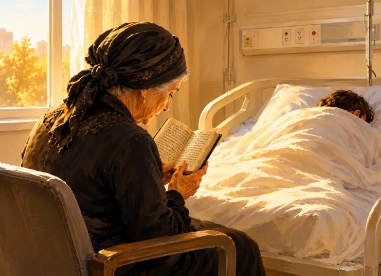 Jewish woman praying Tehillim at a hospital bedside